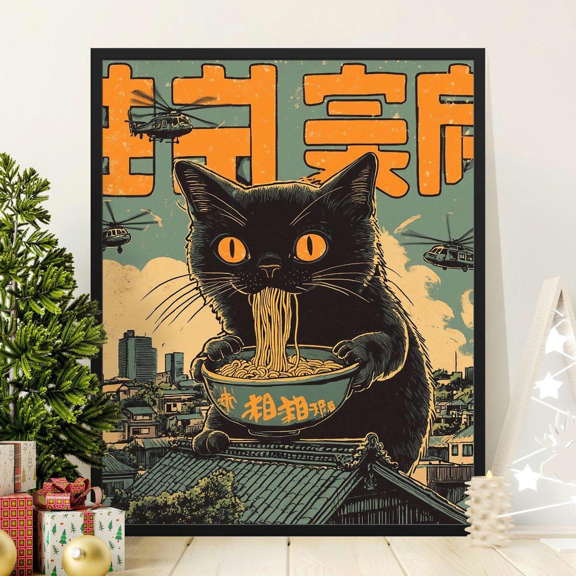 Giant Black Cat Eating Ramen On Rooftop Helicopters Kaiju Poster