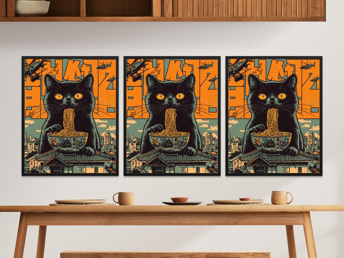 Giant Black Cat Kaiju Eating Noodles Over Rooftops Retro Japanese Poster - Image 2