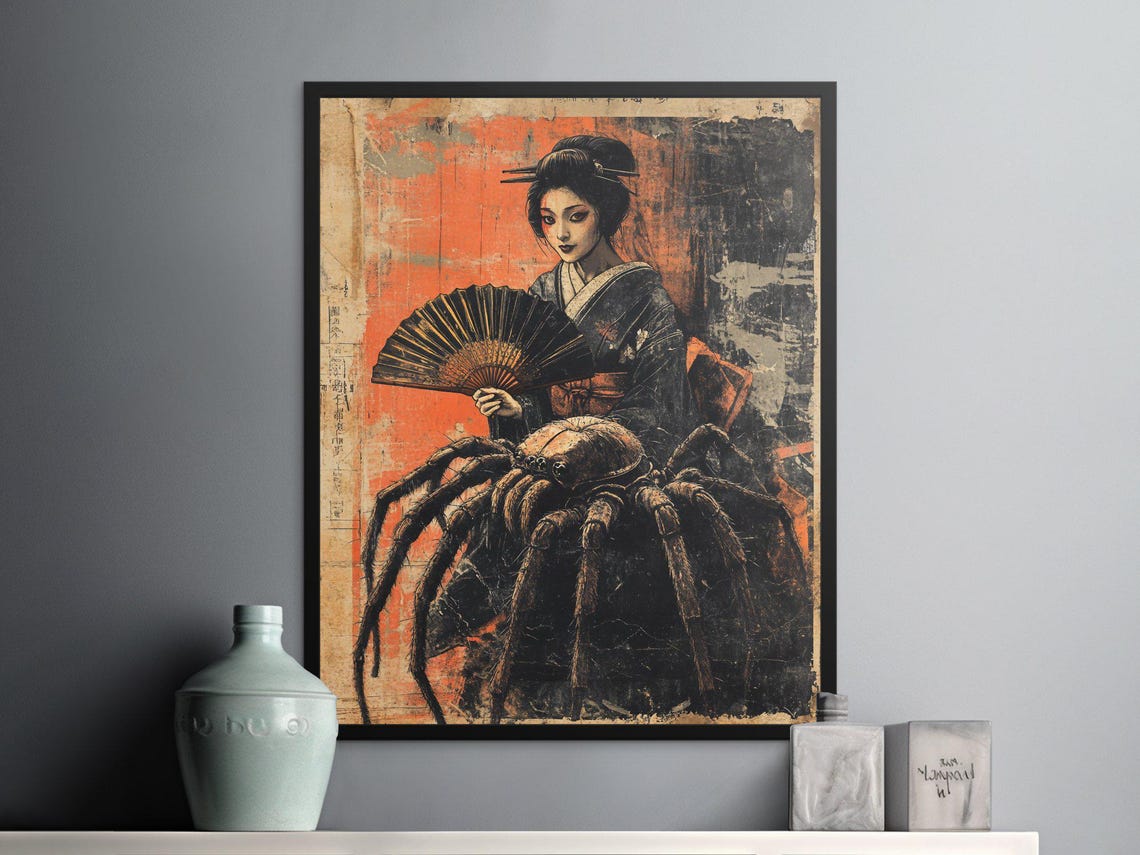 Japanese Geisha With Giant Spider Dark Vintage Gothic Style Poster