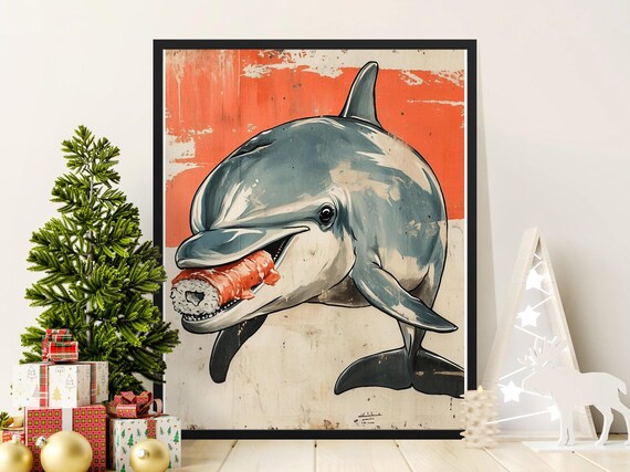 Playful Dolphin Biting Sushi Roll Vintage Retro Ocean Sea Life Art Poster