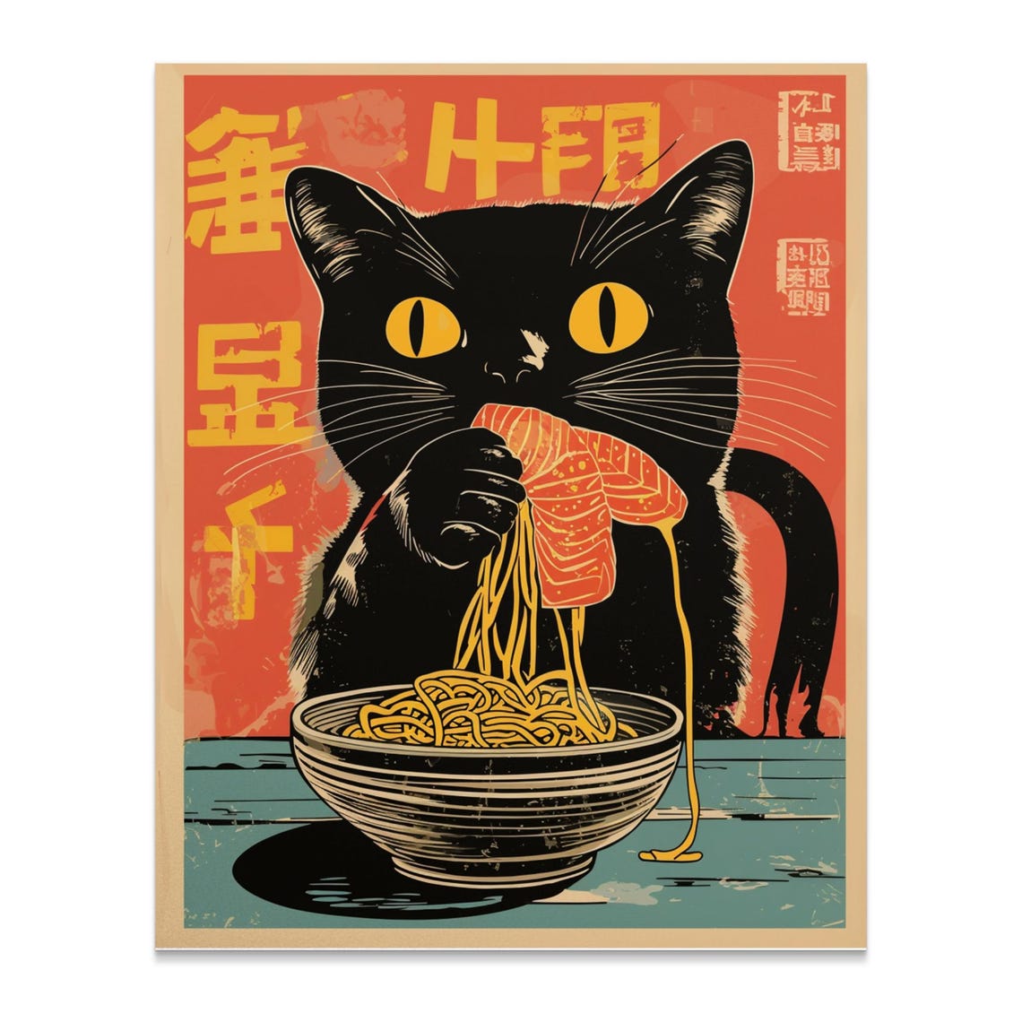 Quirky Black Cat Eating Salmon Ramen Retro Japanese Kitchen Fun Poster - Image 2