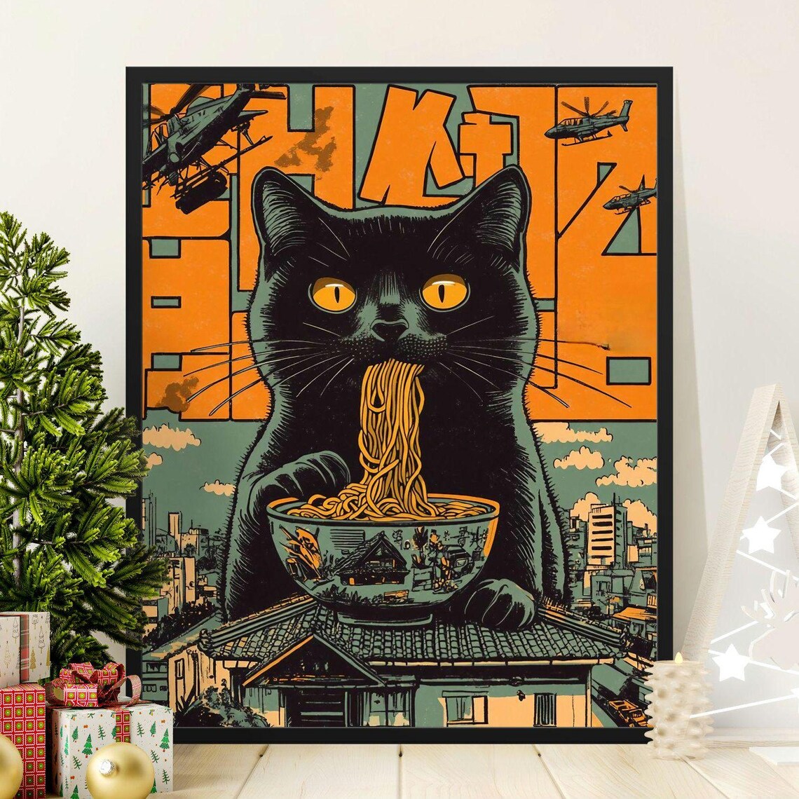 Giant Black Cat Kaiju Eating Noodles Over Rooftops Retro Japanese Poster