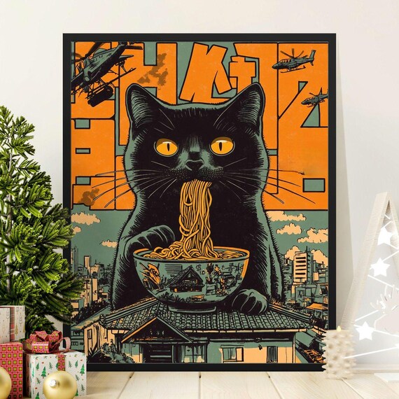 Giant Black Cat Kaiju Eating Noodles Over Rooftops Retro Japanese Poster