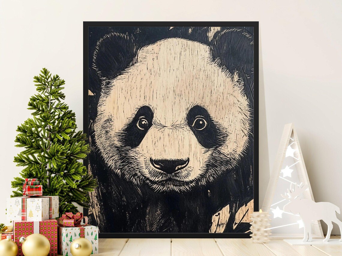 Giant Panda Portrait Black And White Woodcut Style Animal Poster - Image 2