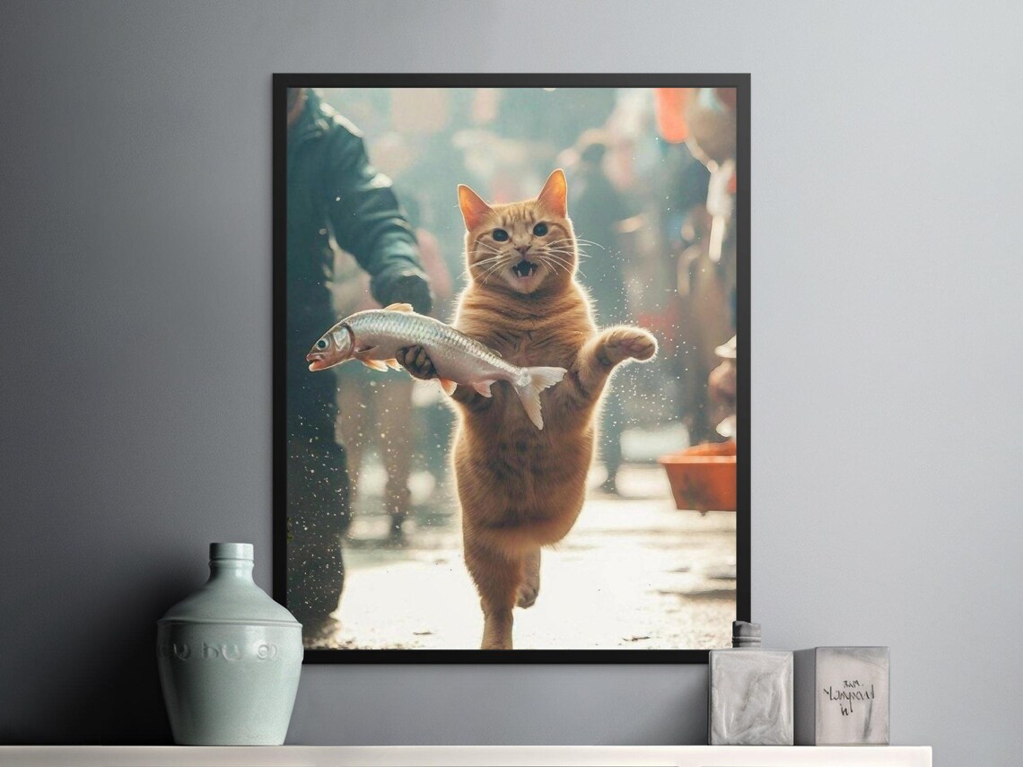 Orange Tabby Cat Stealing Fish Funny Market Heist Cat Wall Art Poster - Image 3
