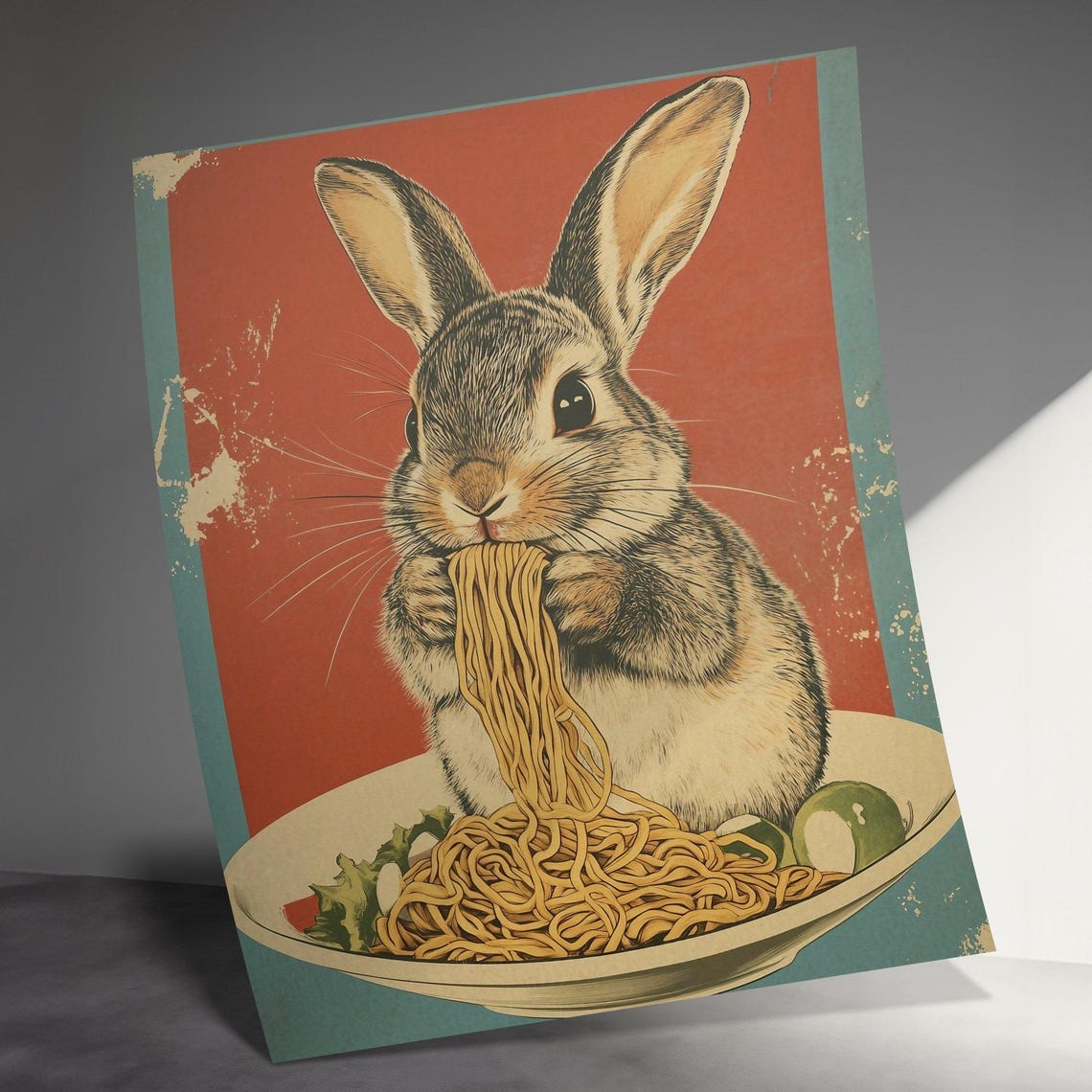 Cute Bunny Rabbit Eating Noodles Vintage Retro Kitchen Wall Art Poster - Image 3