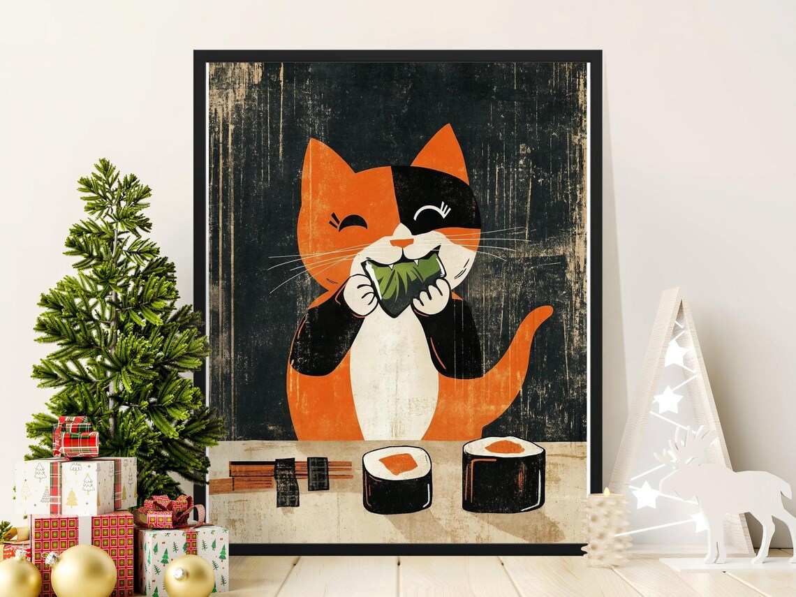 Calico Cat Eating Onigiri Rice Ball Cute Vintage Japanese Food Poster