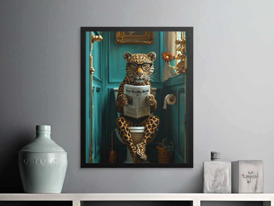 Leopard With Glasses Reading Newspaper on a Toilet Funny Wall Art - Image 2