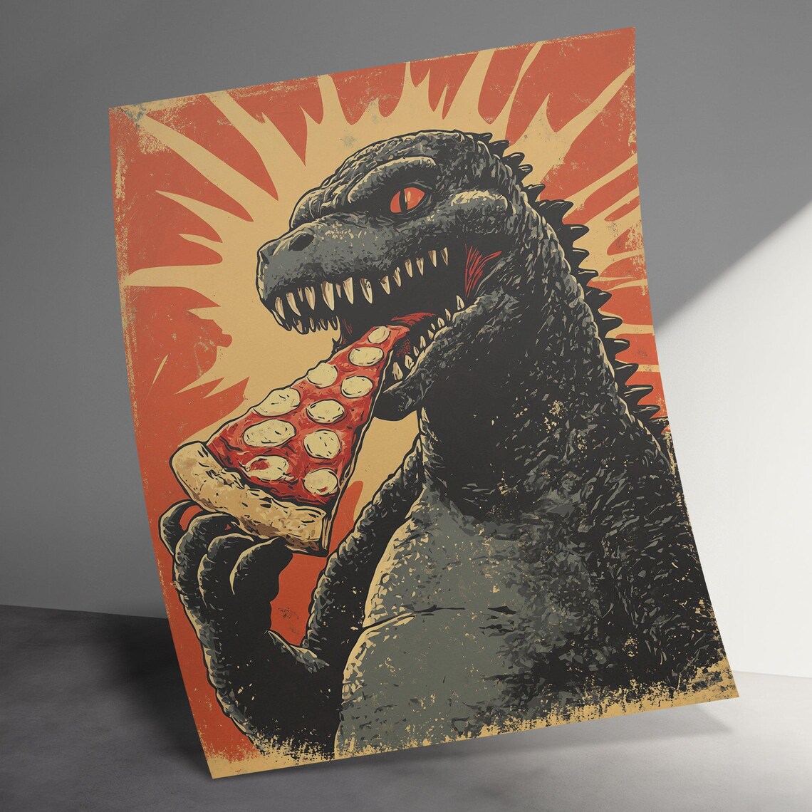 Godzilla Eating Pepperoni Pizza Slice Vintage Monster Movie Poster - Image 3