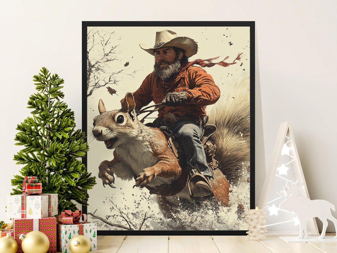 Cowboy Riding Giant Squirrel Western Adventure Funny Animal Art Poster