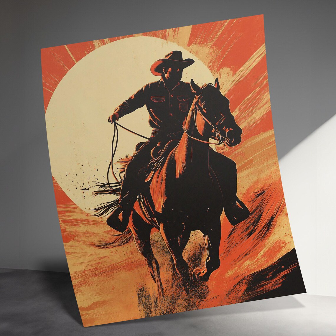 Cowboy On Rearing Horse Sunburst Silhouette Bold Retro Western Poster - Image 3