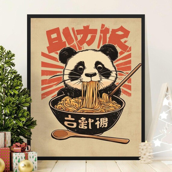Cute Panda Eating Ramen Bowl Retro Japanese Noodle Fun Animal Art Poster