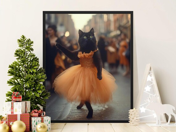 Cute Black Cat In Orange Tutu Dancing Street Whimsical Animal Poster