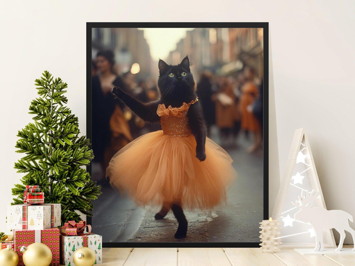 Cute Black Cat In Orange Tutu Dancing Street Whimsical Animal Poster