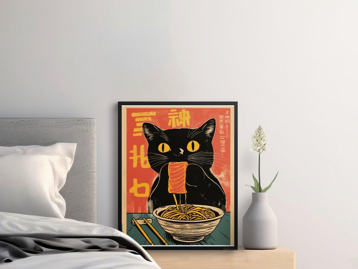 Retro Black Cat Eating Salmon Ramen Bold Vintage Japanese Noodle Poster - Image 2