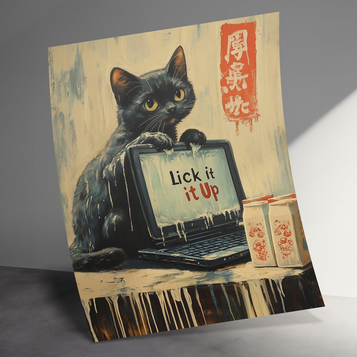Funny Black Kitten Laptop Lick It Up Retro Japanese Kitchen Art Poster - Image 3