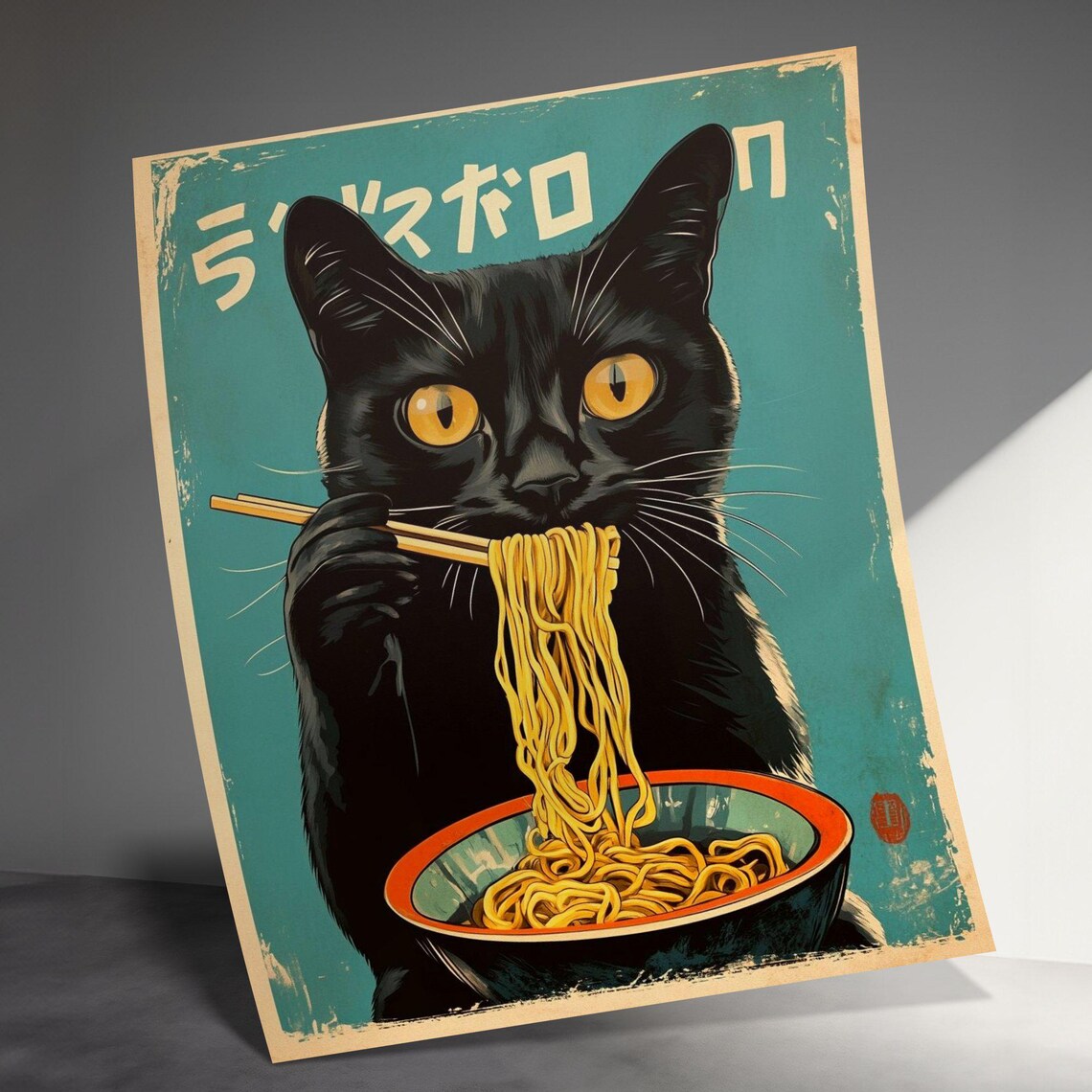 Black Cat Eating Ramen Chopsticks Teal Retro Japanese Noodle Shop Poster - Image 3
