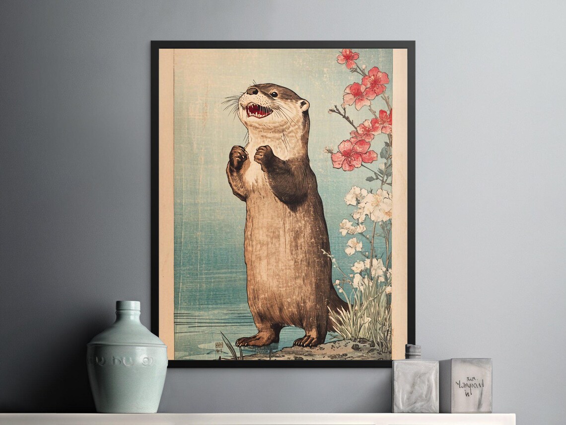 Japanese Otter Standing Cherry Blossoms Vintage Asian Wildlife Art Poster - Image 2