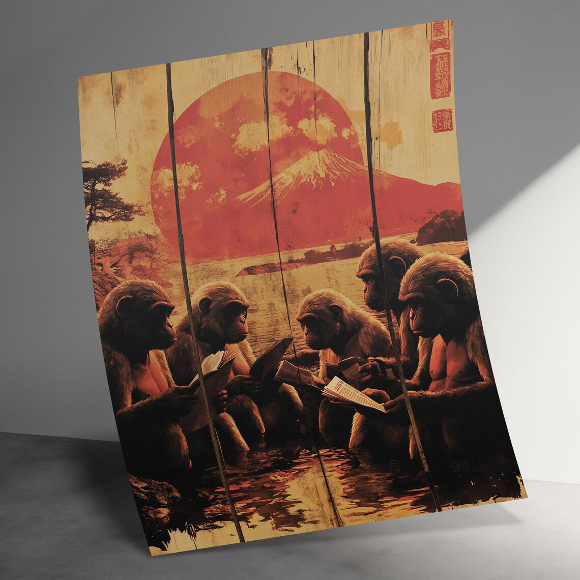 Funny Monkeys Reading Books Hot Spring Mount Fuji Retro Art Poster - Image 3