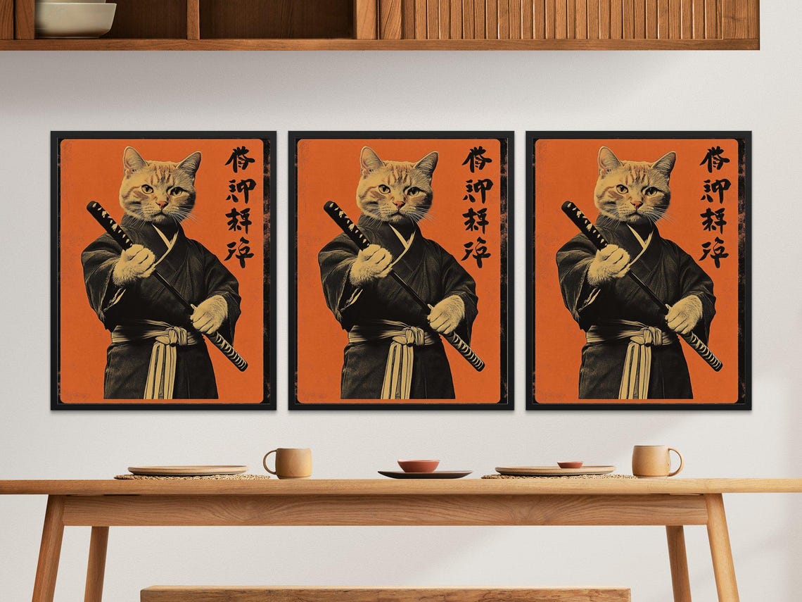 Samurai Cat Warrior Kimono Katana Vintage Japanese Orange Art Poster - Image 2