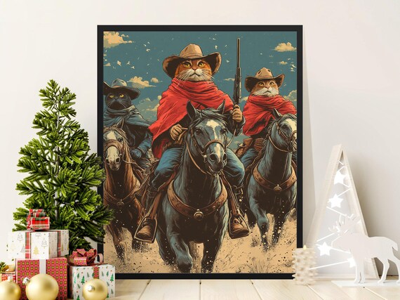 Cowboy Cats Riding Horses Vintage Western Movie Style Funny Cat Trio Poster