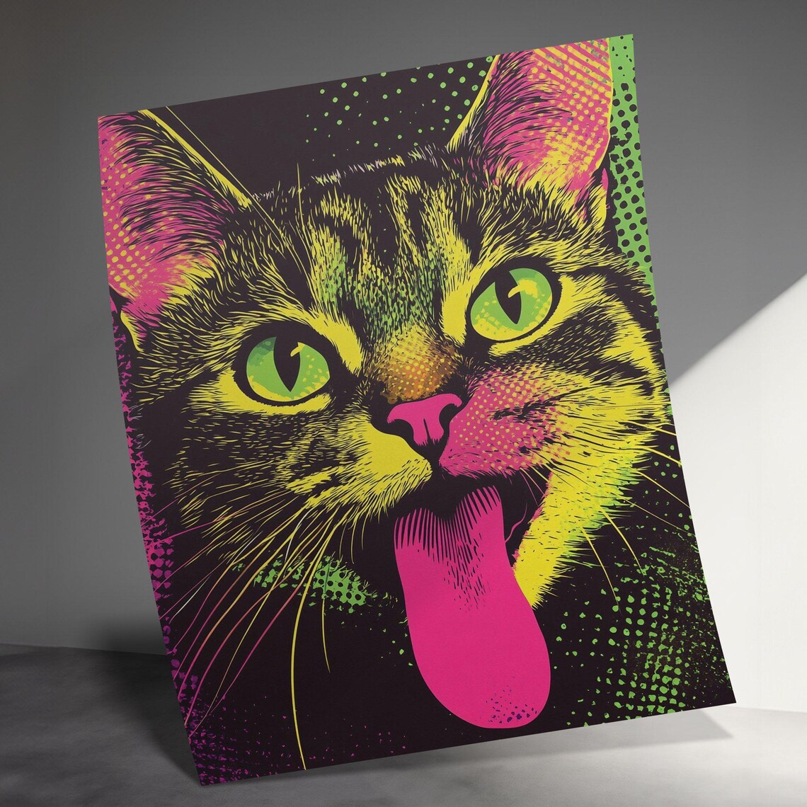 Neon Pop Art Cat Face Bright Pink Green Tongue Out Funky Modern Art Poster - Image 3