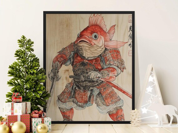 Samurai Fish Warrior Poster Unique Art Print Japanese Style Wall Decor Vibrant Home Decoration Quirky Gift Idea Art Collectible