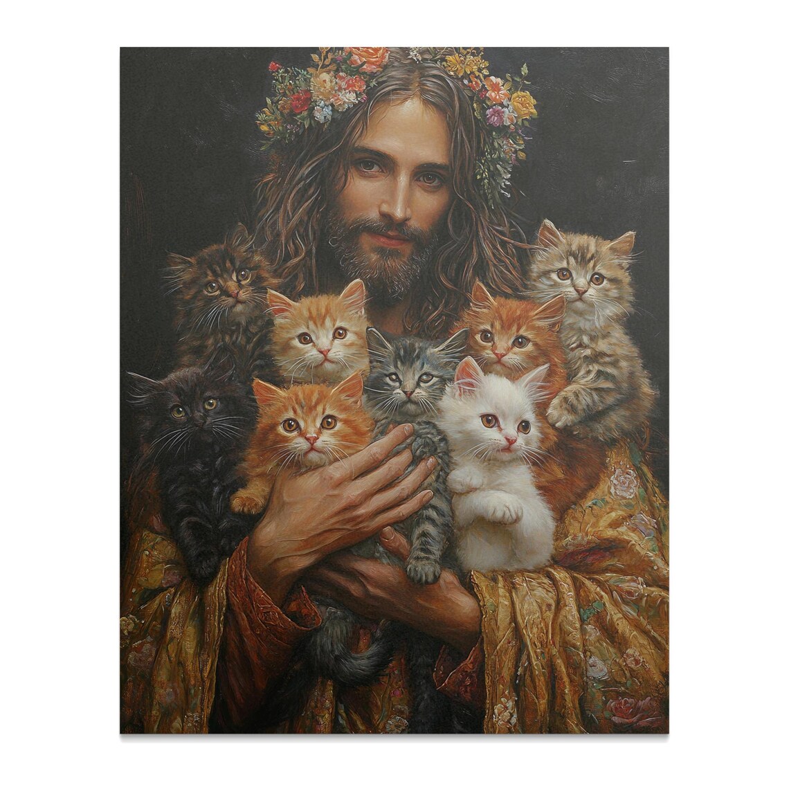 Jesus With Kittens Floral Crown Oil Painting Style Cat Lovers Poster - Image 3
