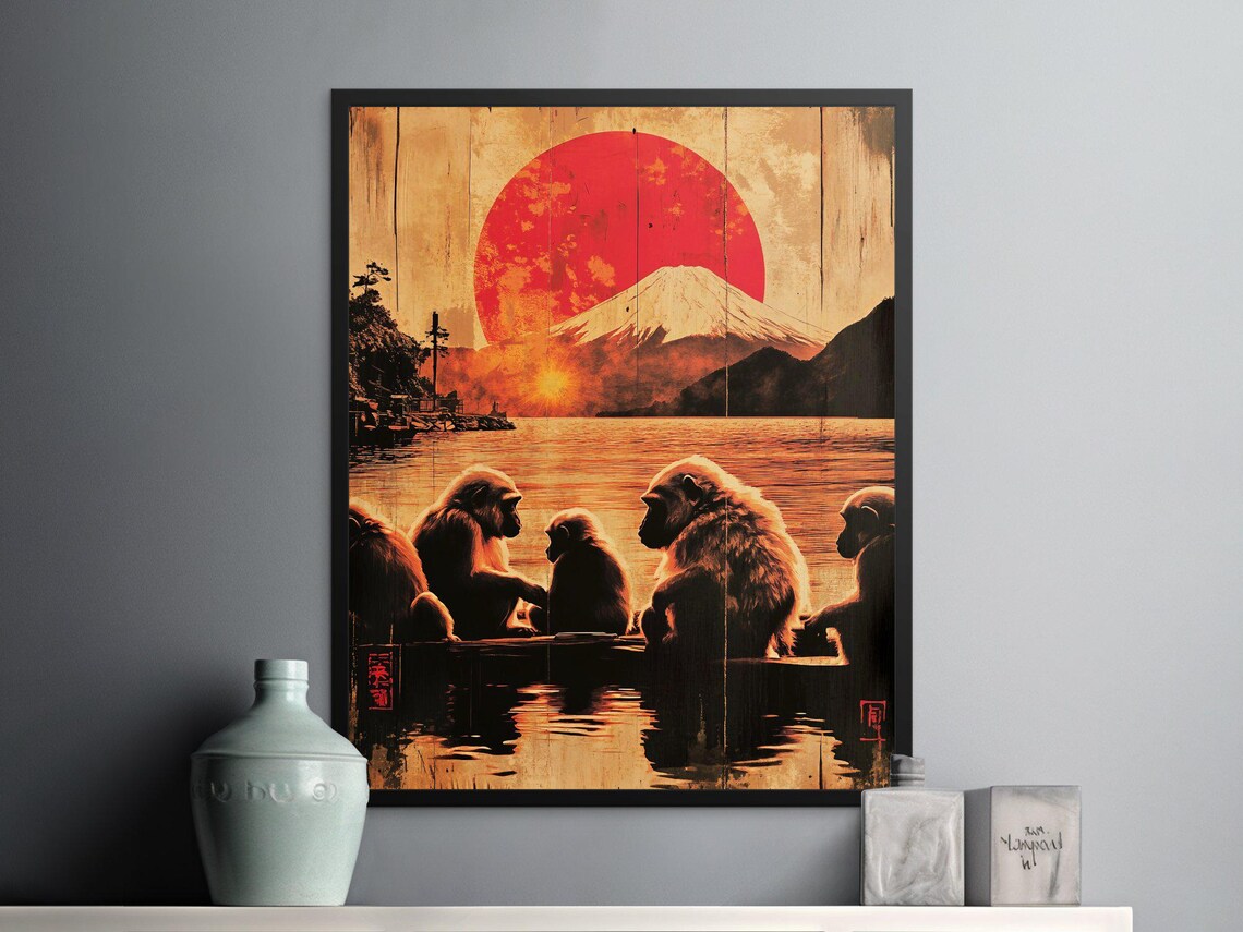 Snow Monkeys Sunset Lake Mount Fuji Vintage Japanese Wildlife Poster