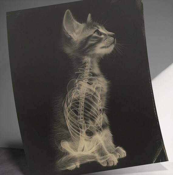 X-Ray Kitten Skeleton Whimsical Black Background Feline Anatomy Wall Art