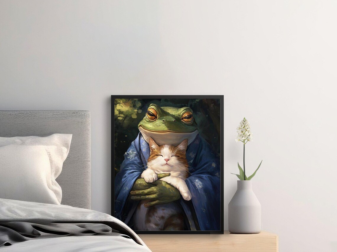 Giant Frog Holding Cat Kimono Whimsical Fantasy Animal Wall Art Poster - Image 2