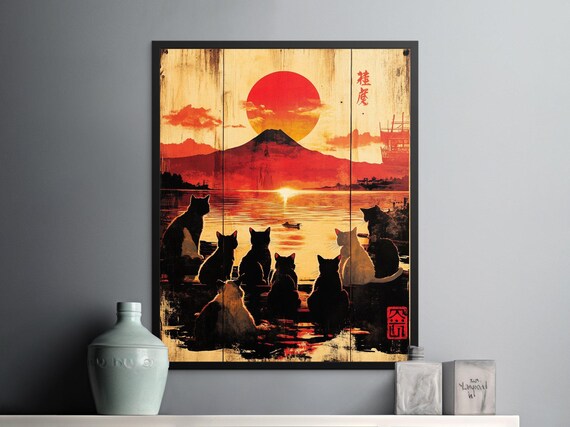 Black Cats Silhouette Sunset Mount Fuji Zen Japanese Nature Poster