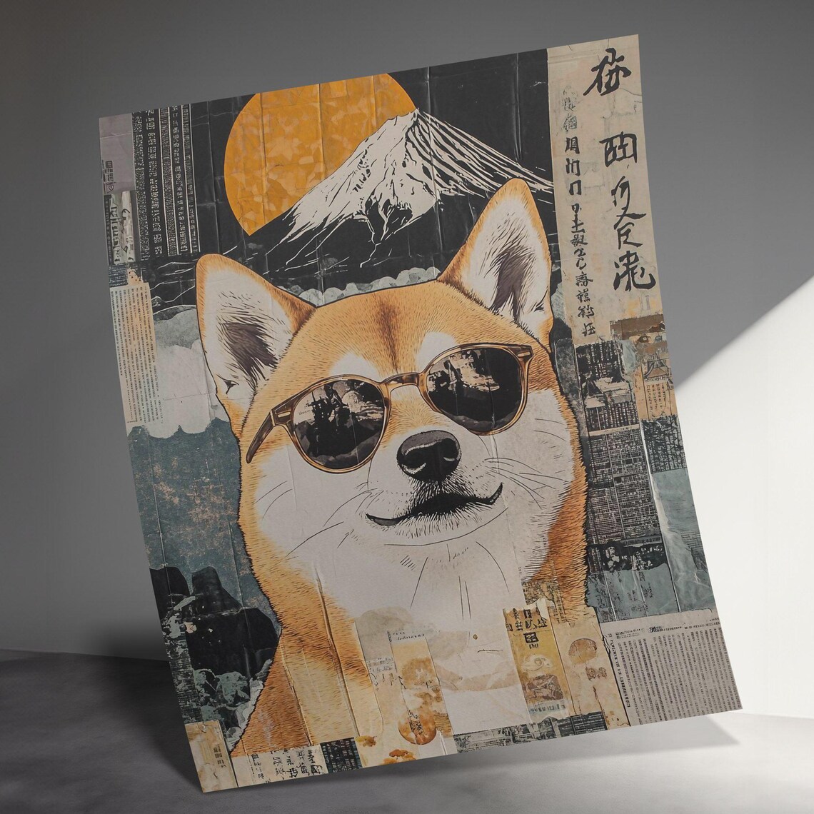 Cool Shiba Inu Dog Sunglasses Mount Fuji Japanese Collage Art Poster - Image 3