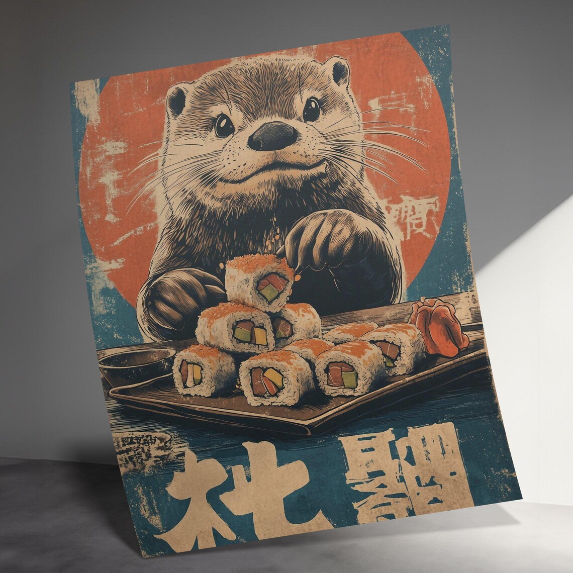 Otter With Sushi Rolls Platter Red Sun Vintage Japanese Foodie Art Poster - Image 3
