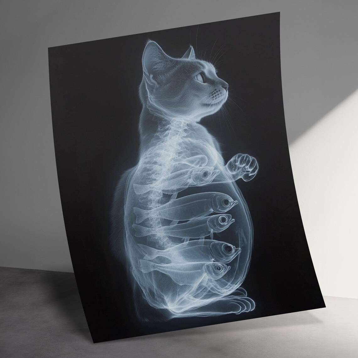 X Ray Cat Swallowed Fish Skeleton Glowing Anatomy Funny Animal Art Poster - Image 3