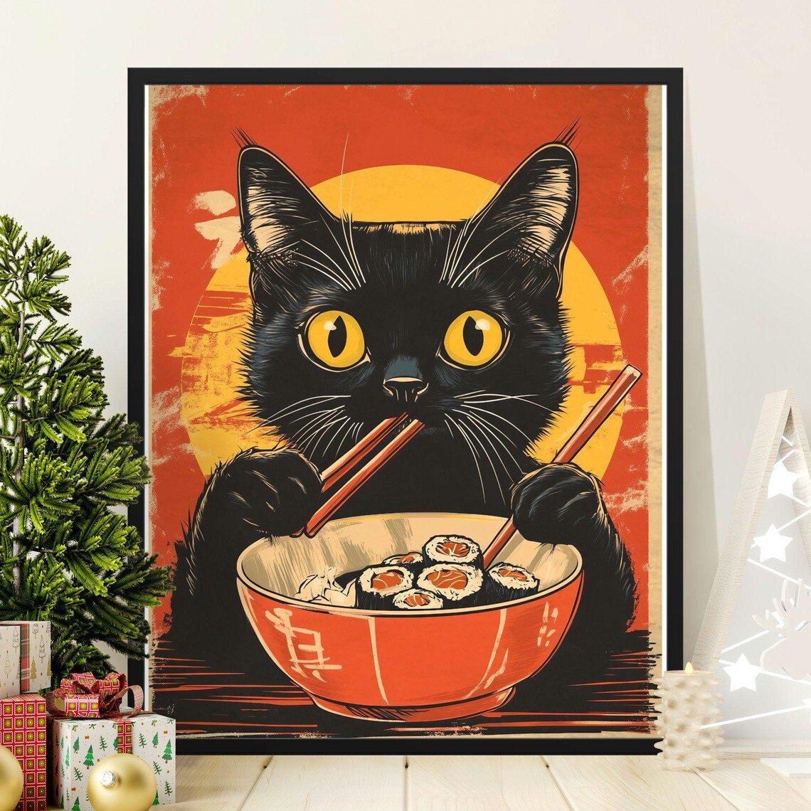 Vintage Black Cat Eating Sushi With Chopsticks Retro Kitchen Wall Poster