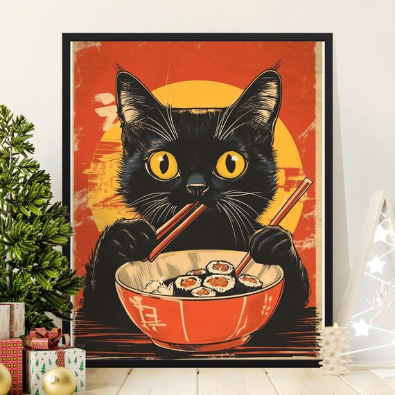 Vintage Black Cat Eating Sushi With Chopsticks Retro Kitchen Wall Poster