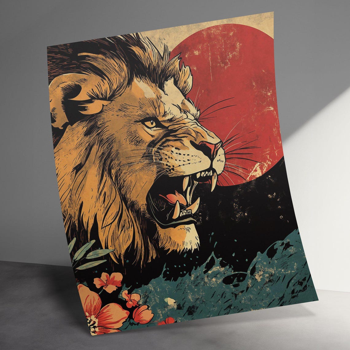 Roaring Lion Poster Japanese Sun Art Fierce Lion Wall Art Wildlife Decor Print Animal Lover Gift Floral Detail Poster - Image 3