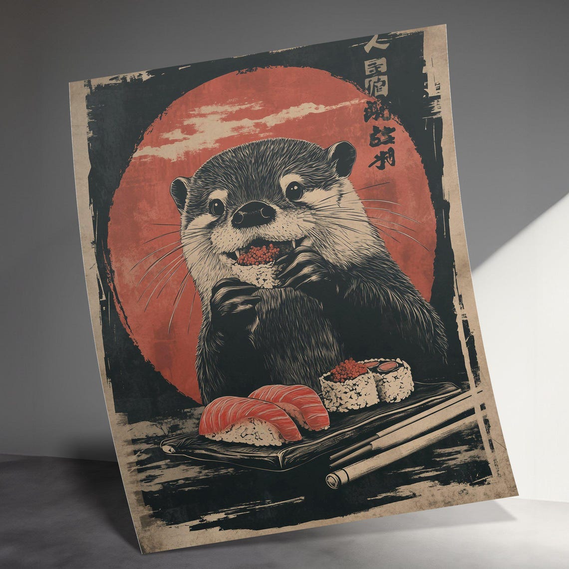 Otter Enjoying Sushi Feast Red Sun Bold Japanese Animal Art Poster - Image 3