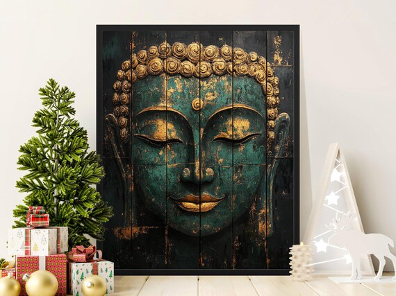 Serene Buddha Face Gold Green Rustic Wood Panel Spiritual Art Poster