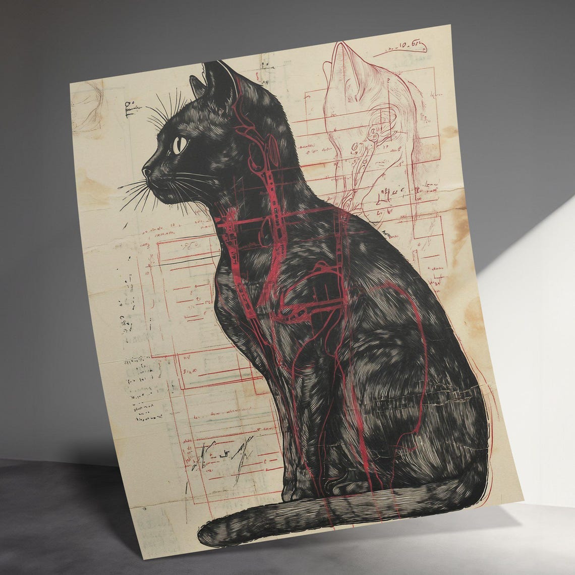 Black Cat Anatomy Illustration Vintage Blueprint Diagram Style Poster - Image 3