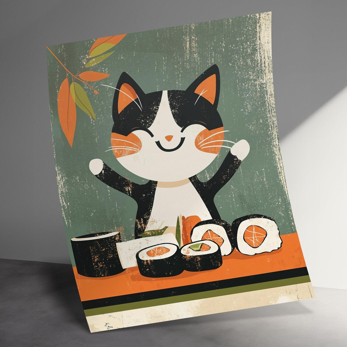 Happy Cat Sushi Party Mid Century Modern Cute Cartoon Kitchen Art Poster - Image 3