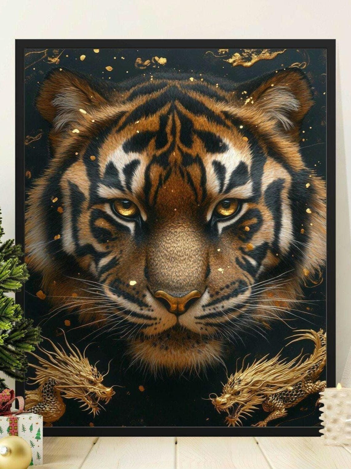 Majestic Tiger Face Gold Dragons Black Background Fierce Wildlife Poster