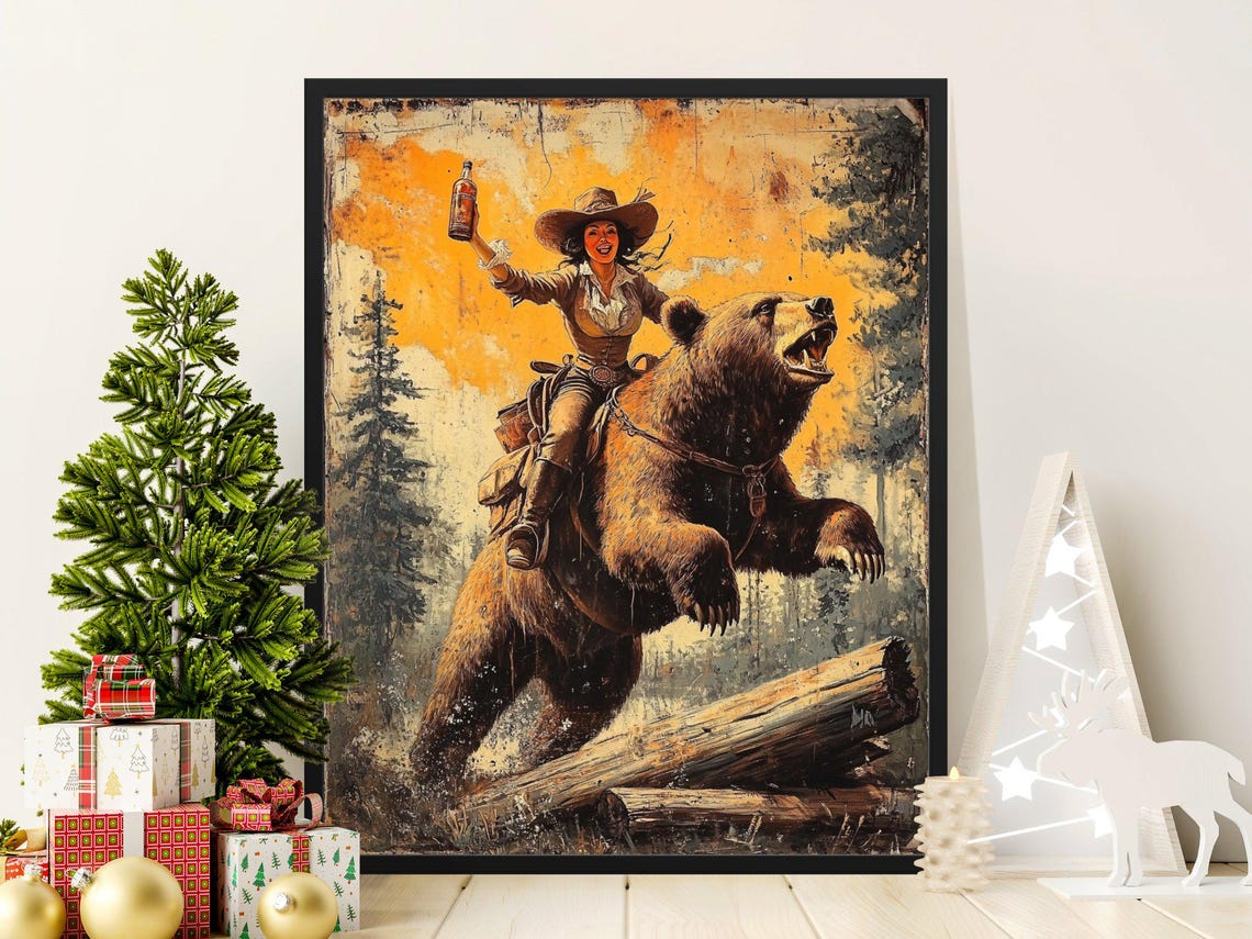 Cowgirl Riding Brown Bear Through River Vintage Western Art Poster
