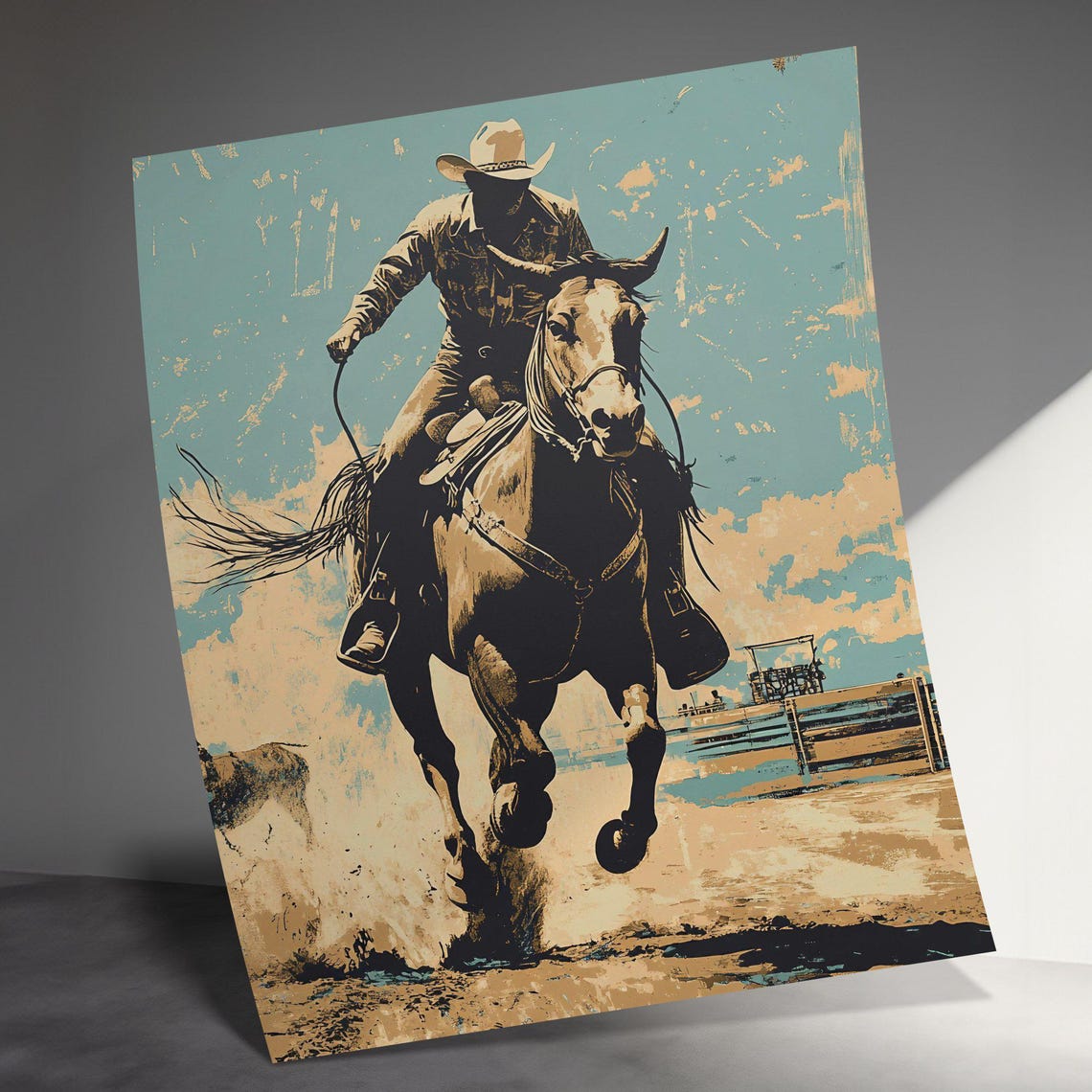 Cowboy Riding Galloping Horse Lasso Teal Vintage Western Rodeo Poster - Image 3