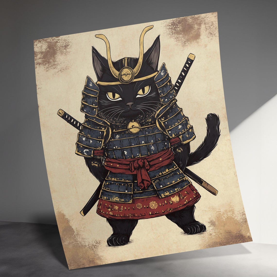 Black Cat Samurai in Full Armor Horned Helmet Vintage Japan Poster - Image 3