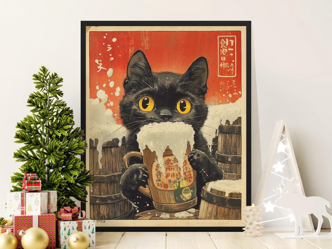 Black Cat Beer Mug Vintage Japanese Pub Barrel Retro Animal Art Poster