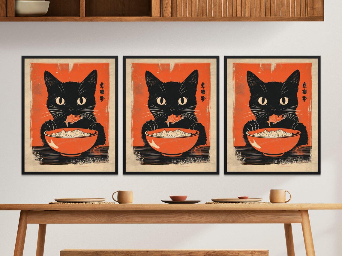 Vintage Black Cat Fish Rice Bowl Japanese Retro Kitchen Art Poster - Image 2