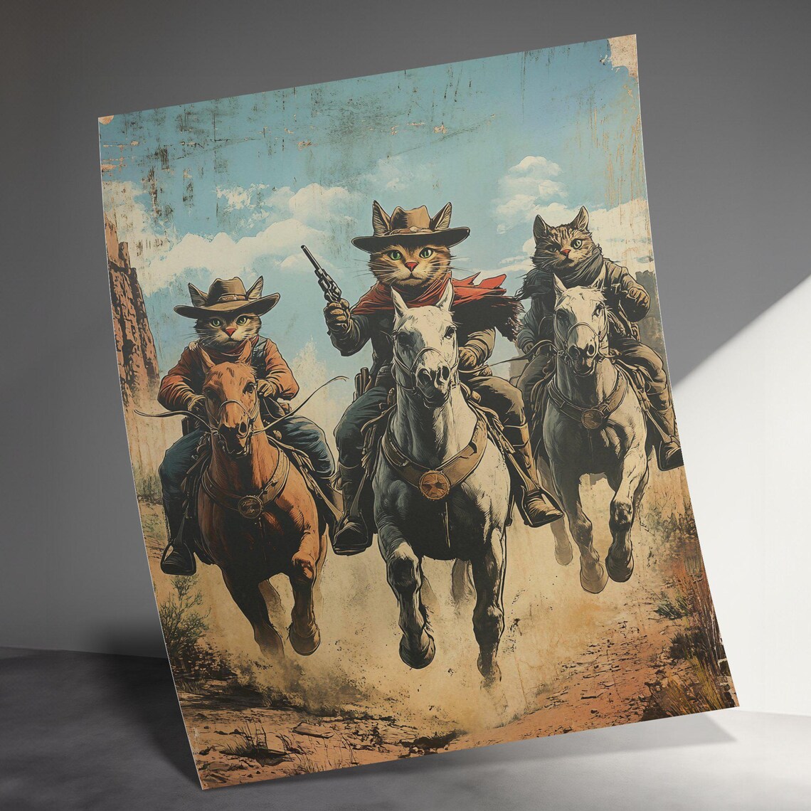 Three Cowboy Cats Riding Horses Desert Chase Vintage Western Poster - Image 3