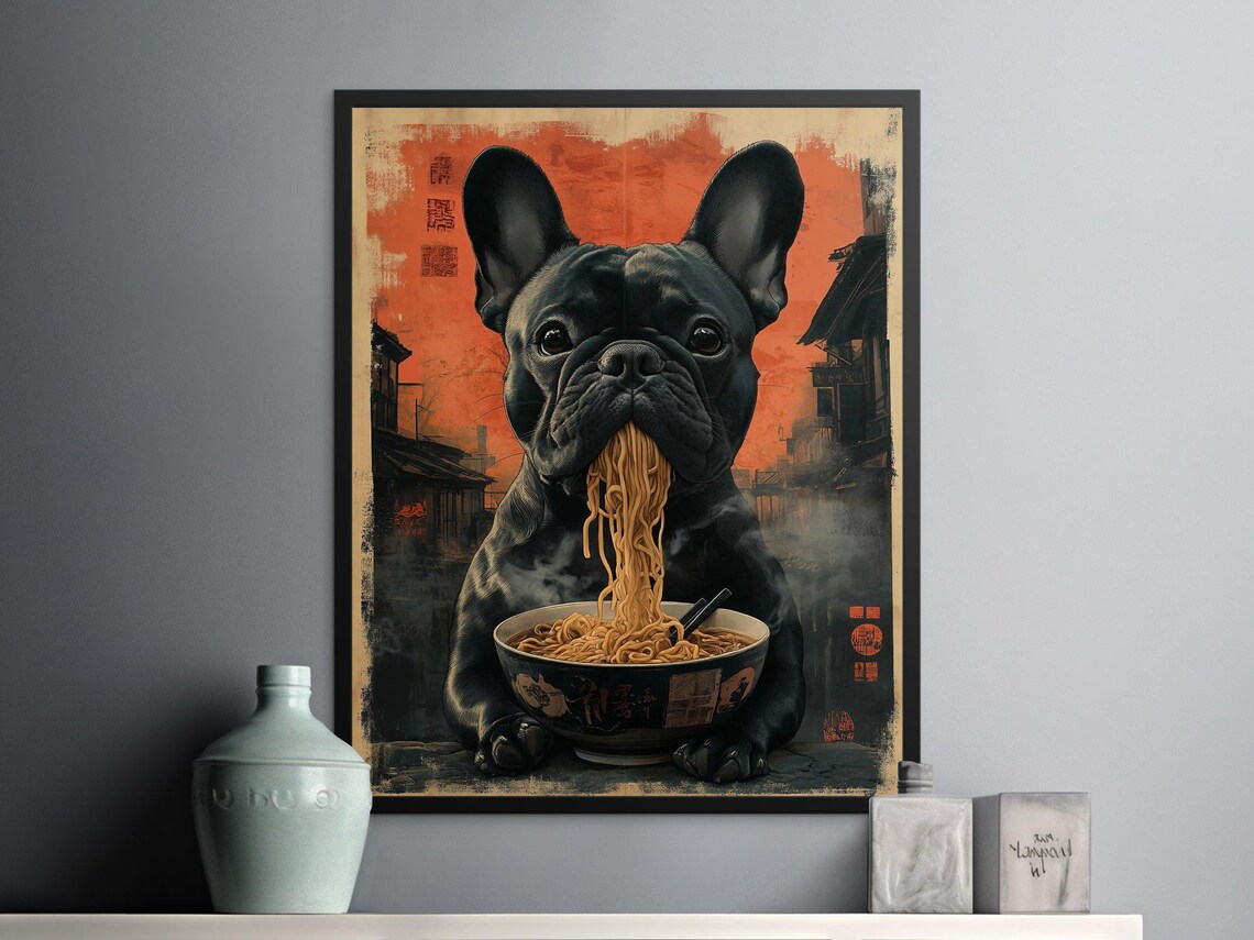 Black French Bulldog Slurping Ramen Noodles Red Sunset Art Poster - Image 2